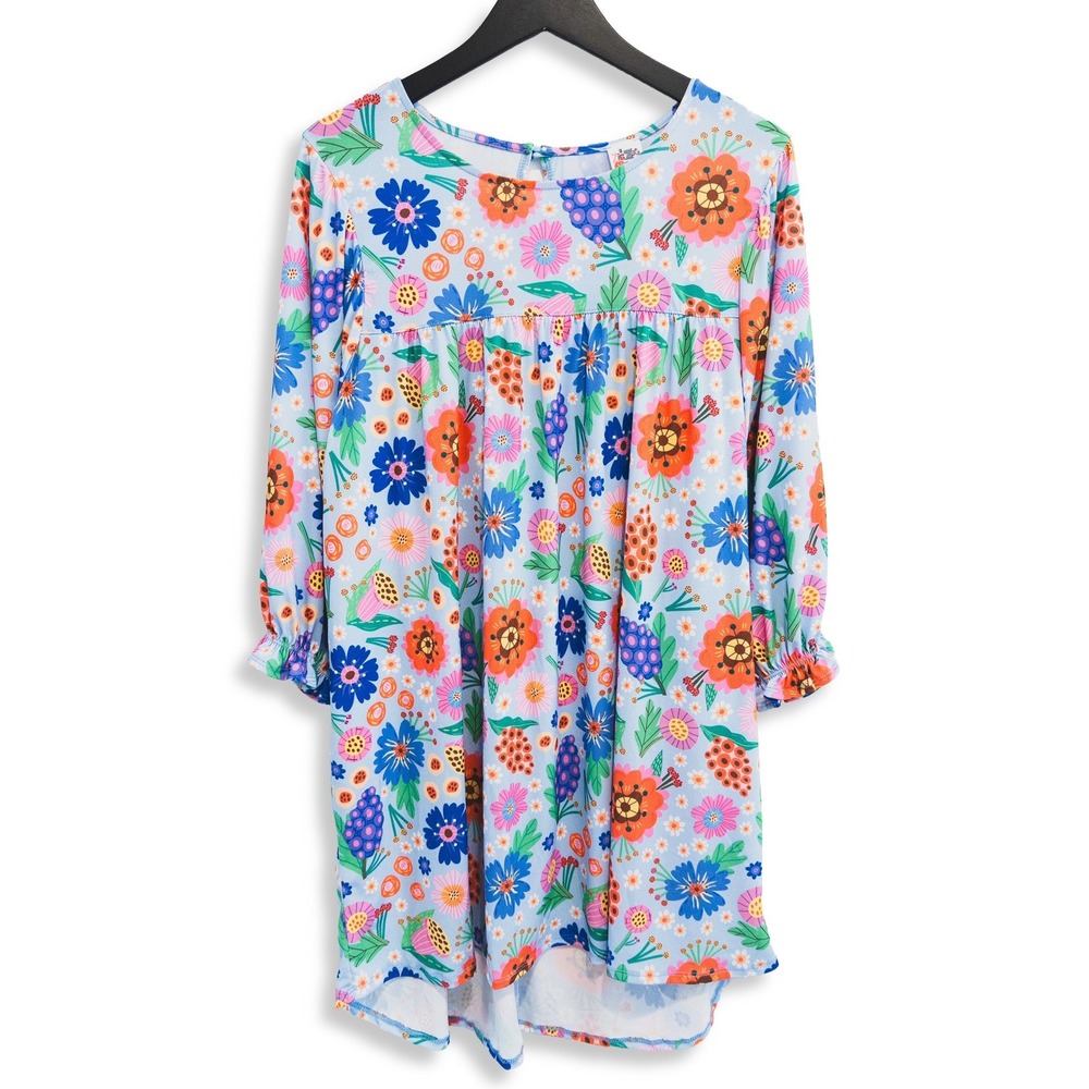 The ZigZag Stripe Floral Babydoll Dress Womens Medium Blue Whimsical Floral